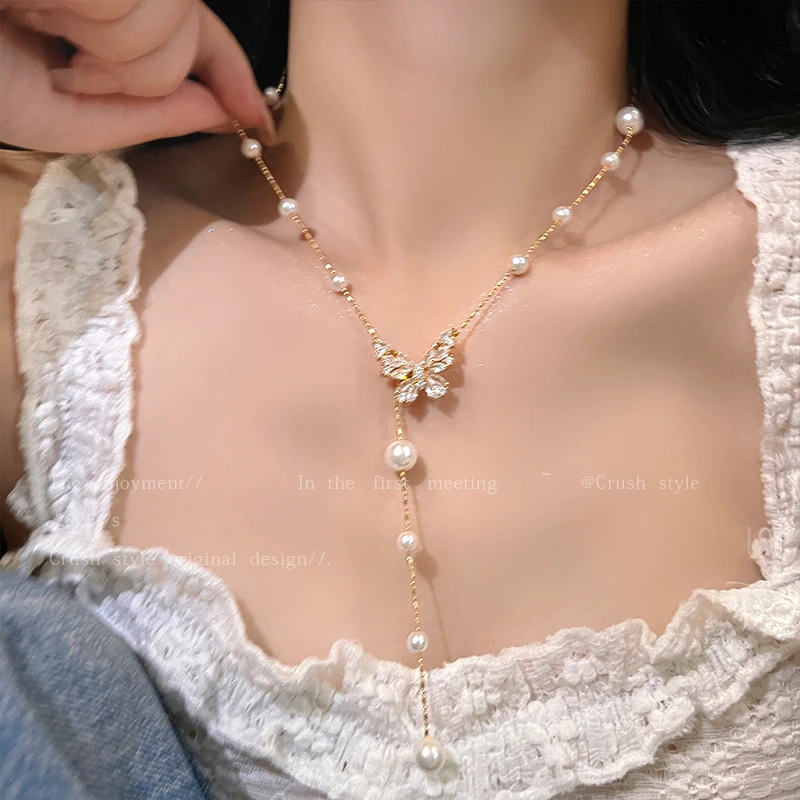 铜合金仿珍珠项链 蝴蝶贝珠choker锁骨链女轻奢高级设计颈链配饰