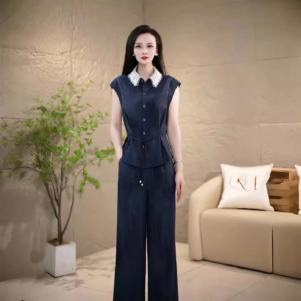 拉夏贝尔设计感时尚套装女夏季新款蕾丝翻领无袖上衣阔腿裤两件套