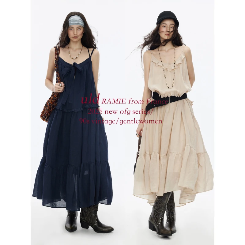 【ULD】/90s中古boho风自然肌理天丝苎麻多穿可调节电影风连衣裙