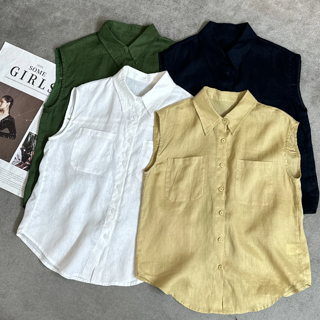 【米可家】后背镂空提花100亚麻双口袋极简衬衫25178