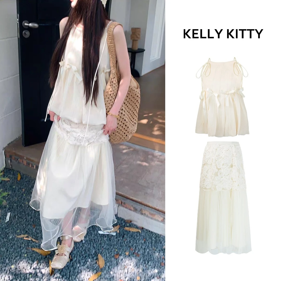 重工压褶蝴蝶结背心小衫女夏上新宽松百搭上衣+网纱半裙套装D8086