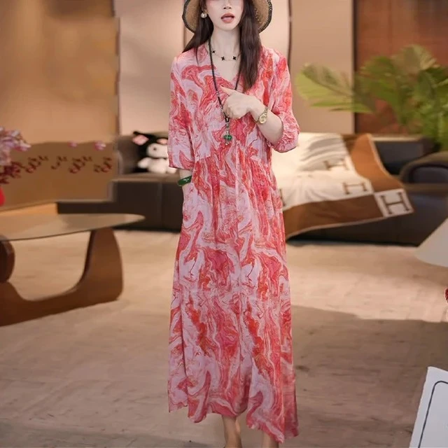 印花洋装女夏法式绝美漂亮覆古洋派收腰丝裙子#390