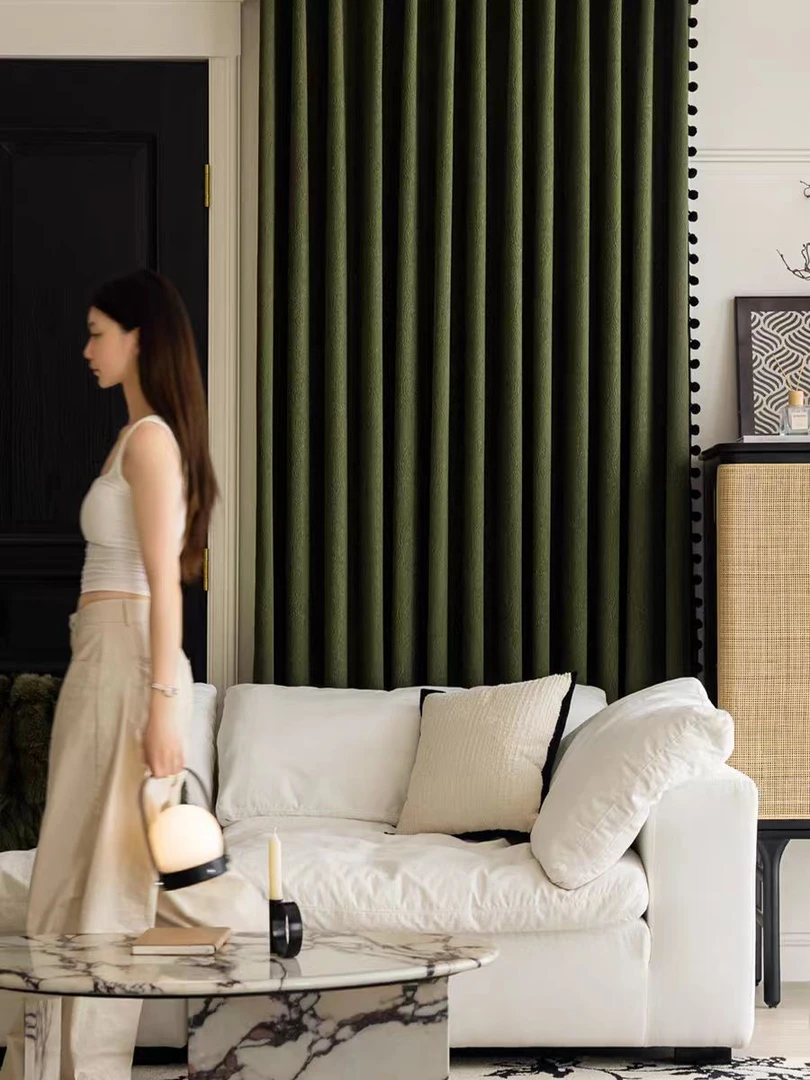 【中古绿】幸福叶雪尼尔全遮光复古提花圈遮光客厅卧室窗帘