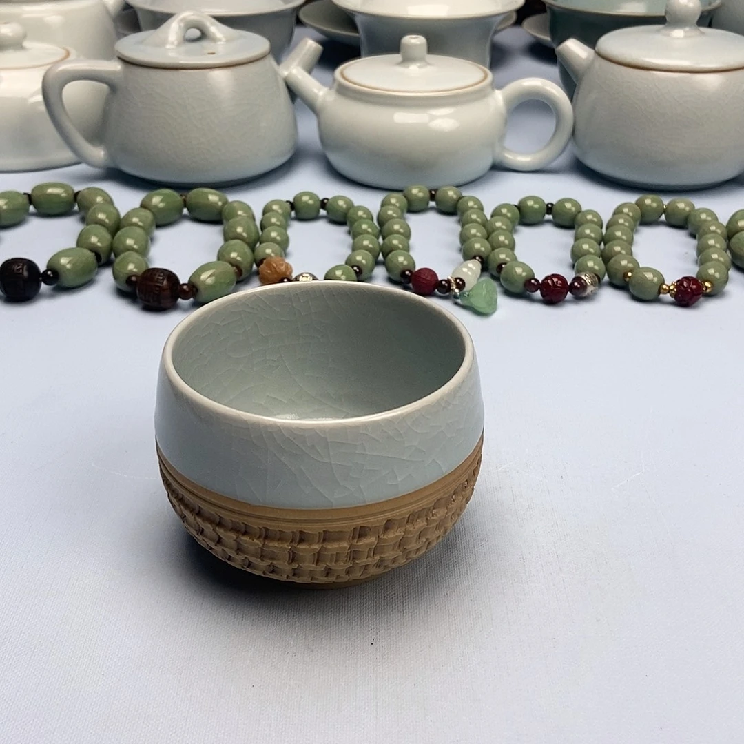 杯仿古月白釉重工跳刀罗汗杯原矿原釉原产地