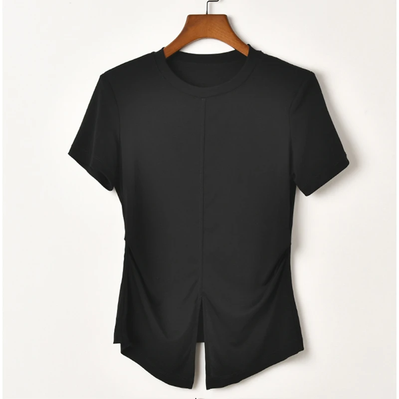 赫本缘短袖标准冰感弹力圆领T恤修身显瘦开叉不规则