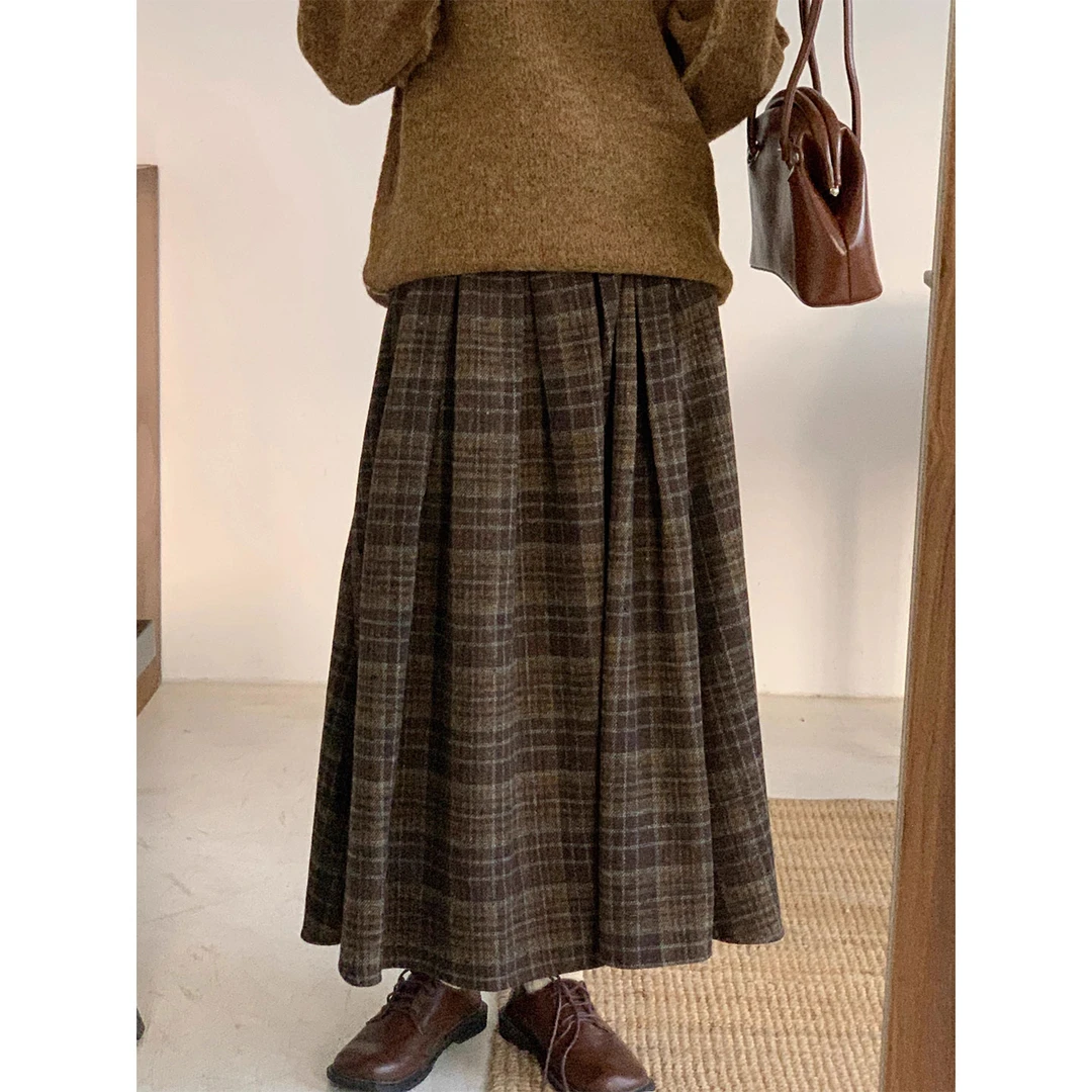 棕咖色高腰显瘦大码半身裙女冬季梨形身材宽松垂感气质中长百褶裙