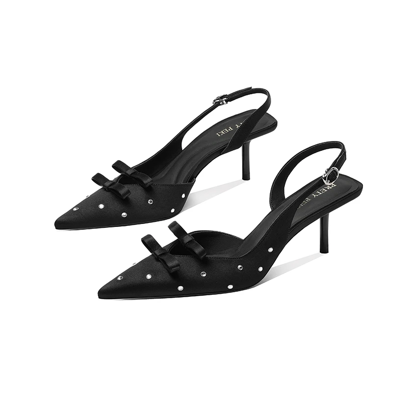 【跟高7cm】2025年春季新款浅口尖头蝴蝶结水钻细跟高跟鞋单鞋女