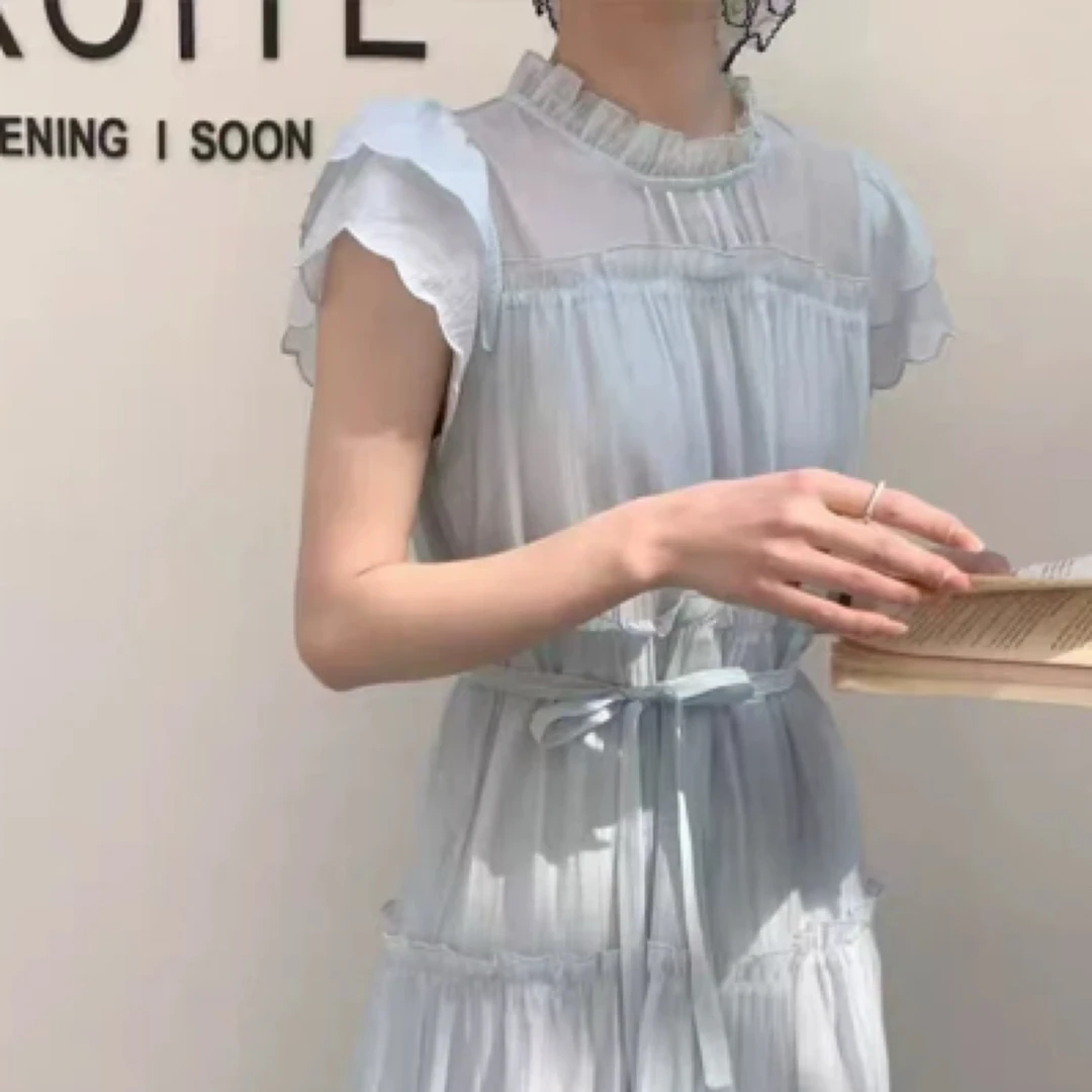 夏季甜美法式小飞袖宽松收腰木耳边显瘦连衣裙