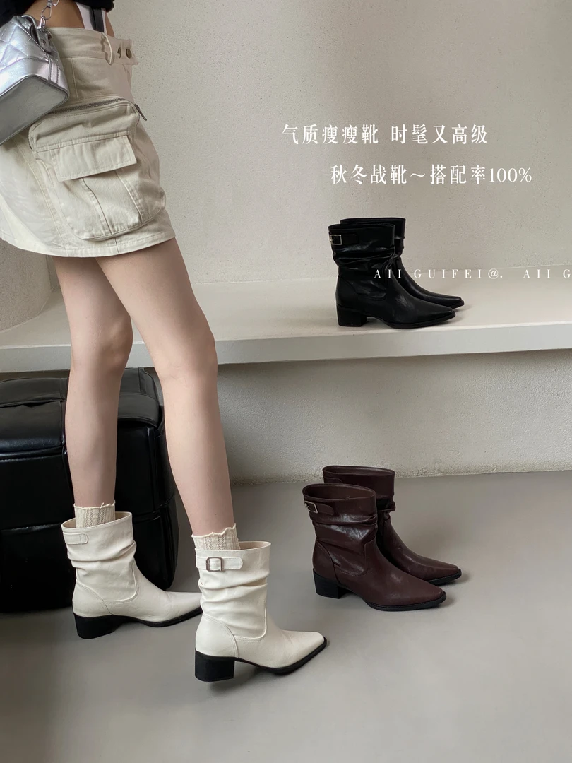 韩版复古小众尖头褶皱短靴女2025秋冬新款时尚粗跟百搭时装靴女鞋