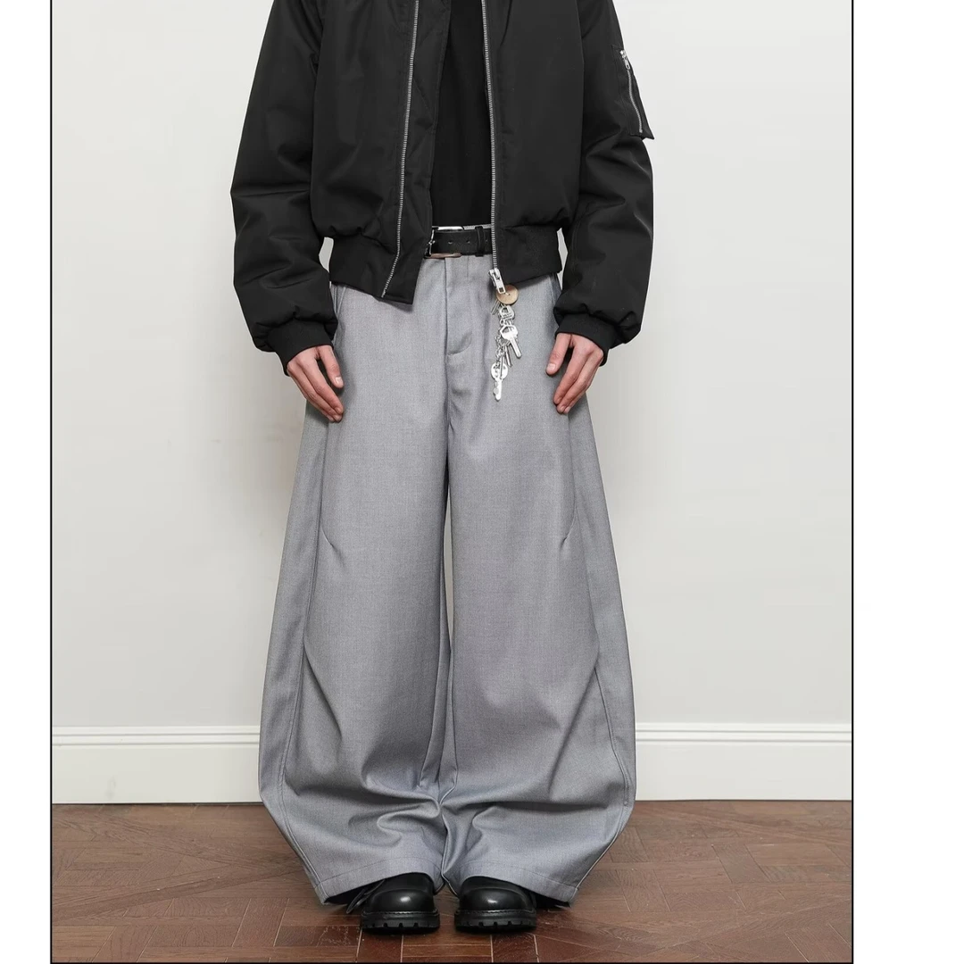 美式高级感褶皱弯刀西裤新款复古宽松百搭直筒裤子男女休闲裤长裤