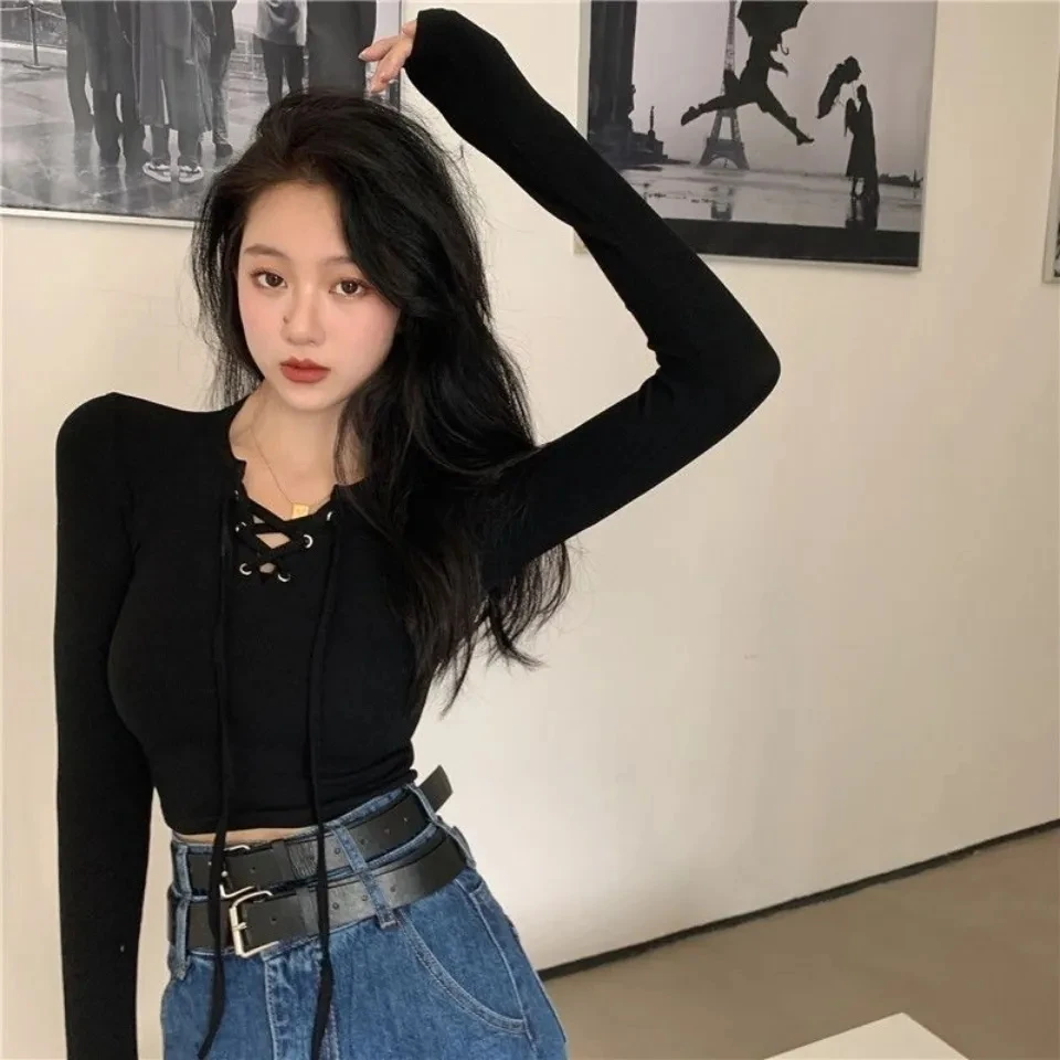 v领绑带修身短款长袖针织T恤女装2025秋季新款黑色内搭打底衫上衣