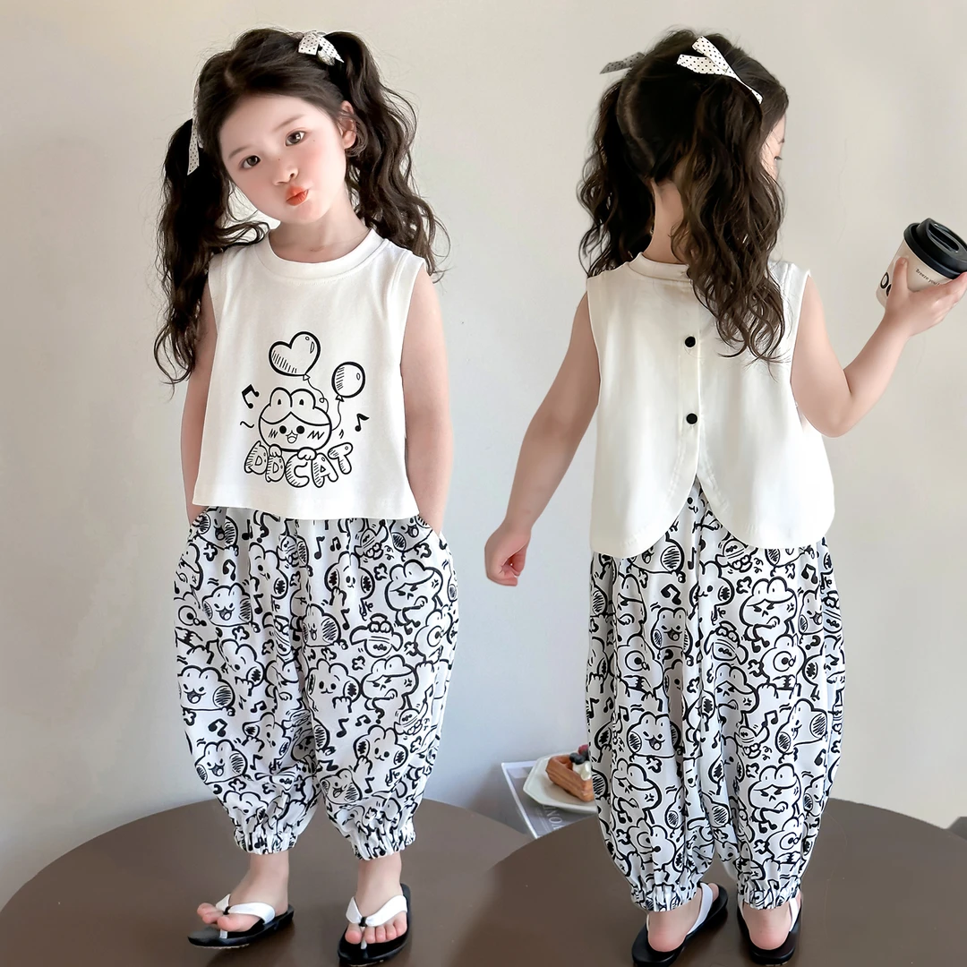 女童夏装套装2025新款儿童洋气薄款卡通女宝宝夏装灯笼裤两件套潮