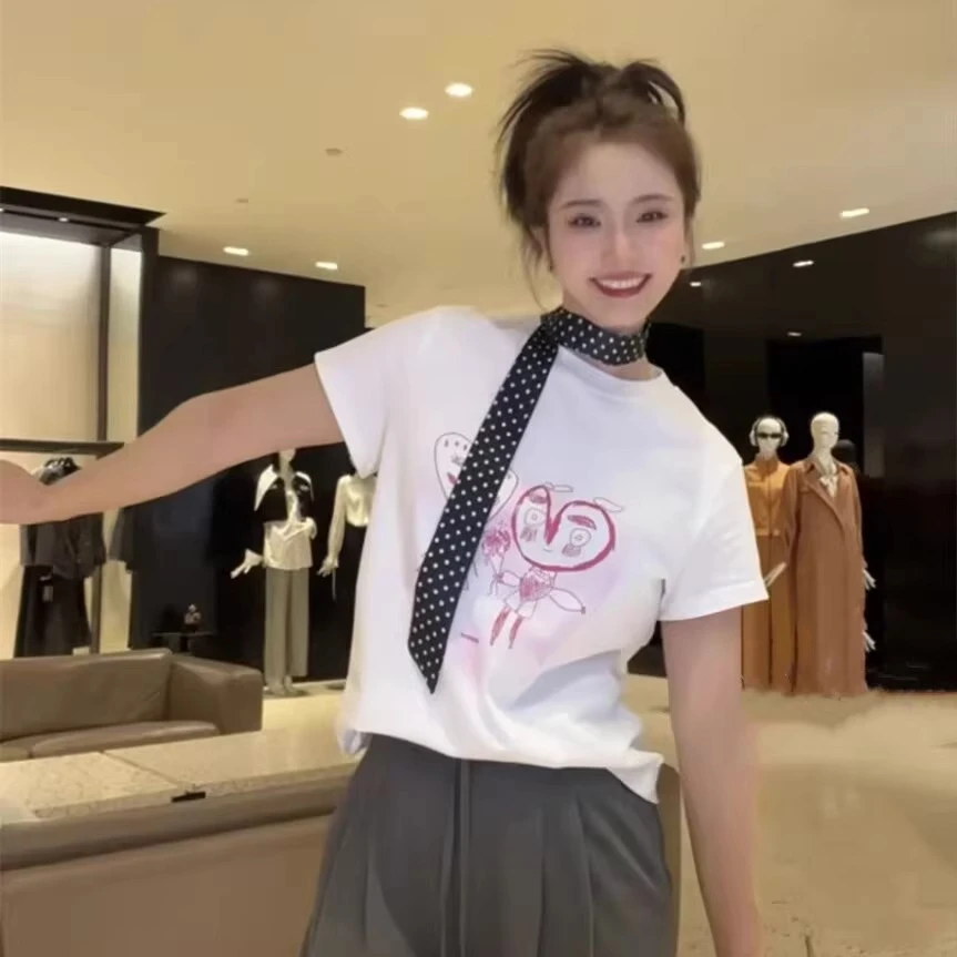 【商场同款】一见倾心卡通短袖T恤夏季修身正肩圆领上衣女1300996