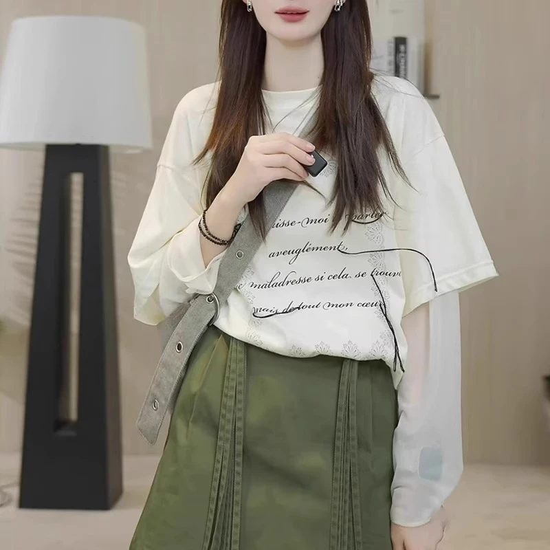 假两件蕾丝拼接长袖防晒t恤女夏季2025年新款韩系设计感罩衫上衣