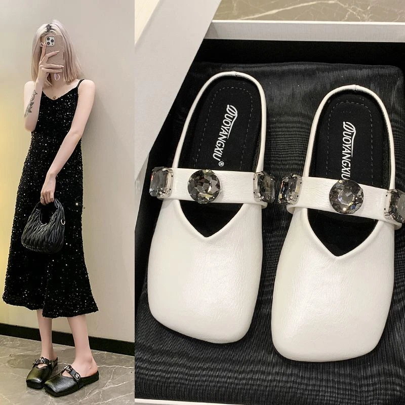 网红超火仙女风方头包头法式女鞋夏外穿2025新款平底凉法式拖百搭