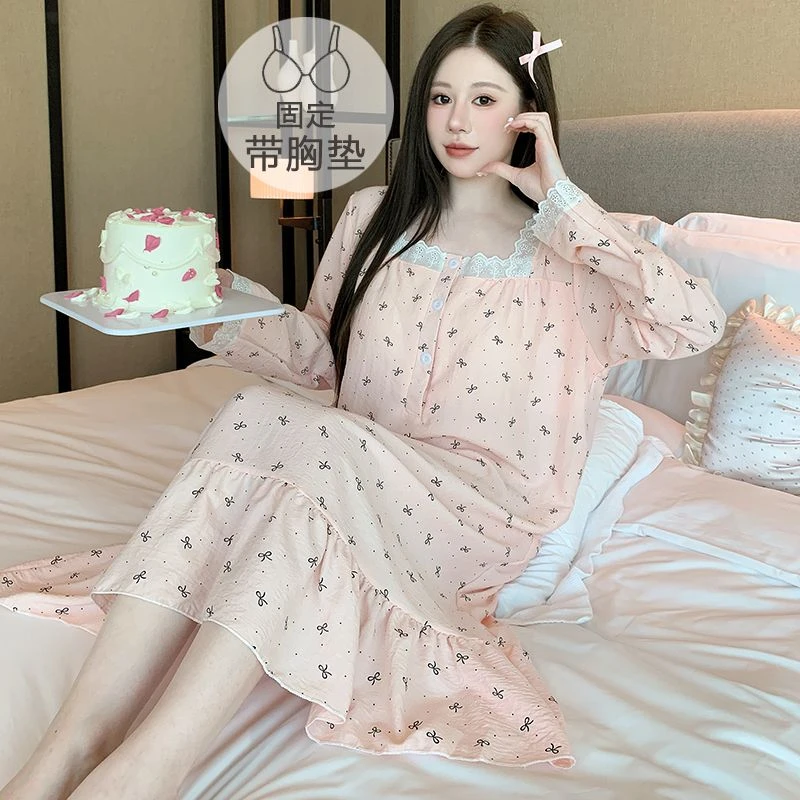 甜美公主风睡裙女带胸垫春秋季长袖中长款云朵棉睡衣加大码家居服