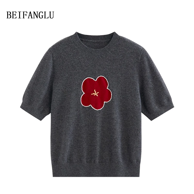 北方鹿 复古通勤100羊毛早春2025气质圆领花朵提花针织短袖女2933