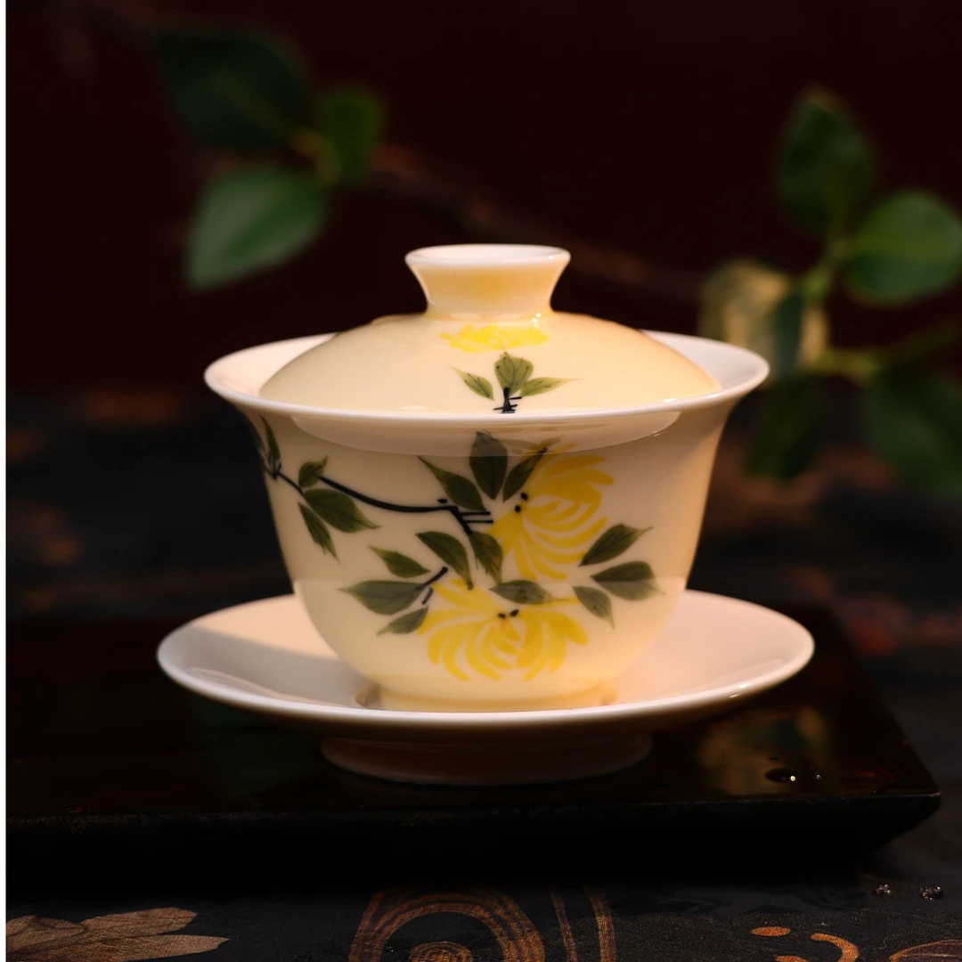 【西泠墨香上新】玉泥-宣纸黄-三才盖碗-手绘菊花HX0001