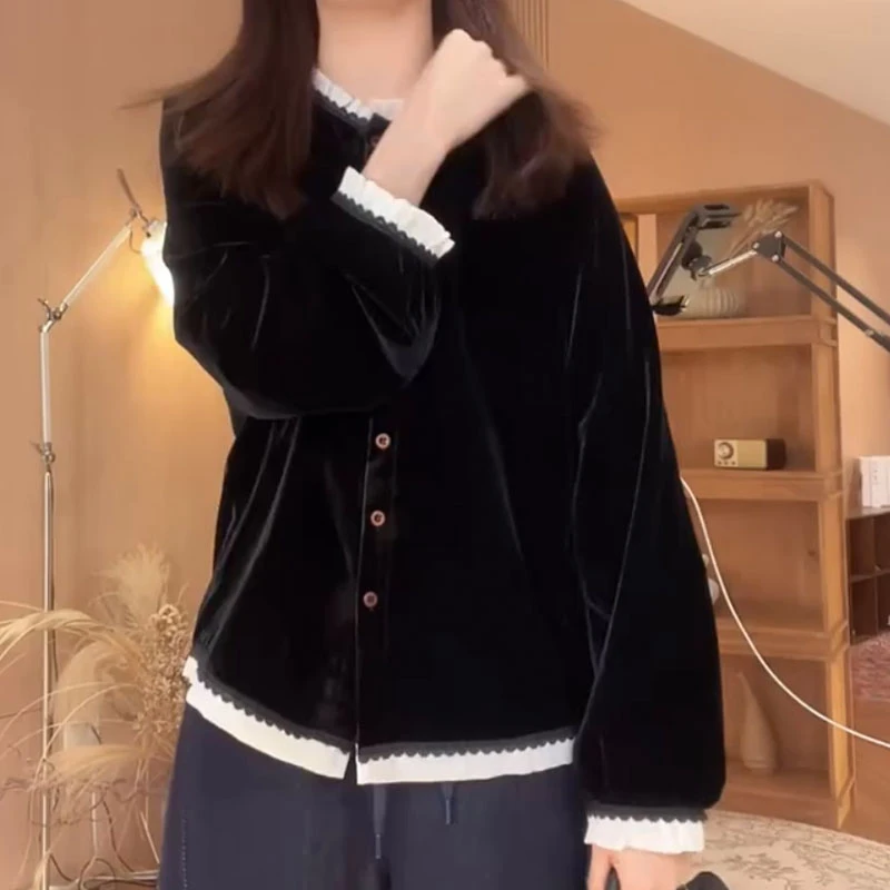 萱贝纯拼接木耳花边长袖衬衫女2026春季新款衬衣显瘦丝绒立领开衫