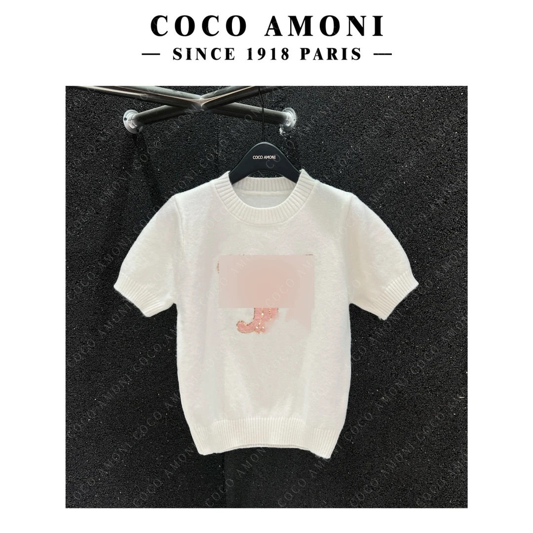 潮流运动风重工亮片闪闪短袖圆领薄款套头针织衫百搭毛衣女 GL011