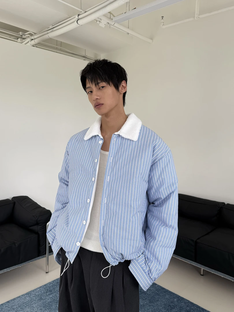 weave【新品】蓝白序曲 初冬氛围感蓝白条纹轻量羽绒服短款保暖韩系