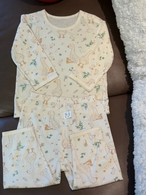 【原创-奶呼呼狮头鹅-全棉-肩开套头长袖长裤分体套装】