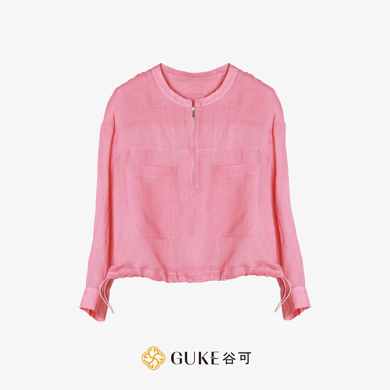 GKE/谷可C3029时尚苎麻衬衫女2025春季新品休闲圆领长袖洋气小衫