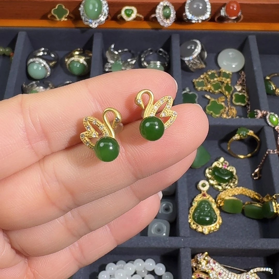 和田玉合金耳饰碧玉耳钉