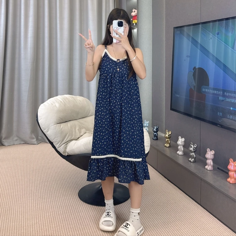 睡裙女夏季新款吊带薄款碎花网红休闲甜美宽松家居服-158（LJ）