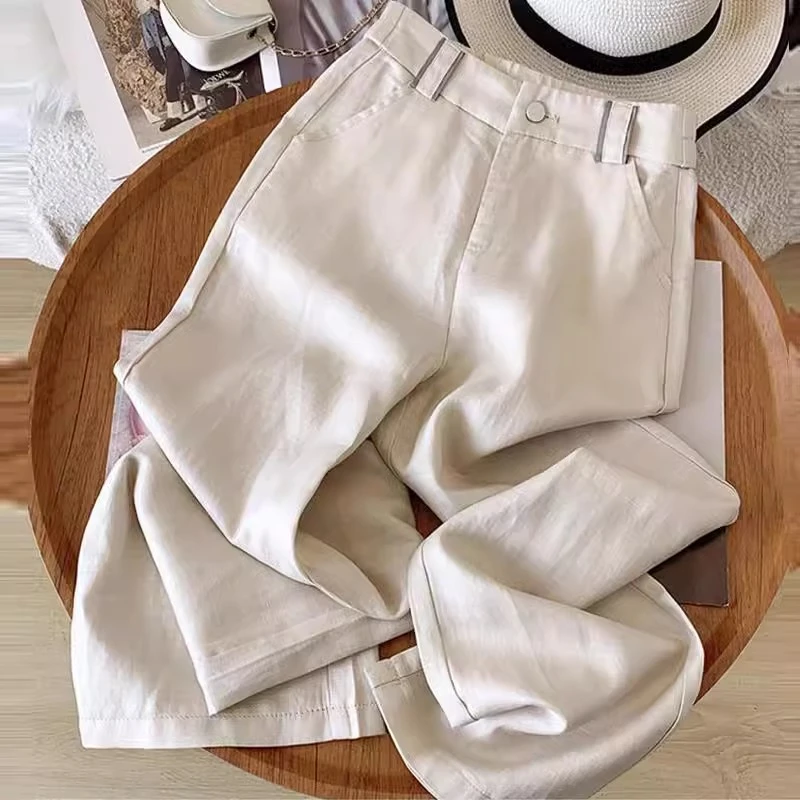 人字纹天丝亚麻阔腿裤女夏季薄款2025新款高腰显瘦垂感休闲直筒裤