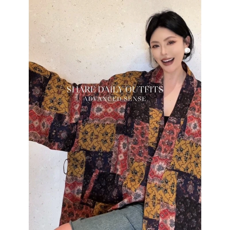 高温妮小众设计复古百家布花色廓形新中式长袖外套 5e52541