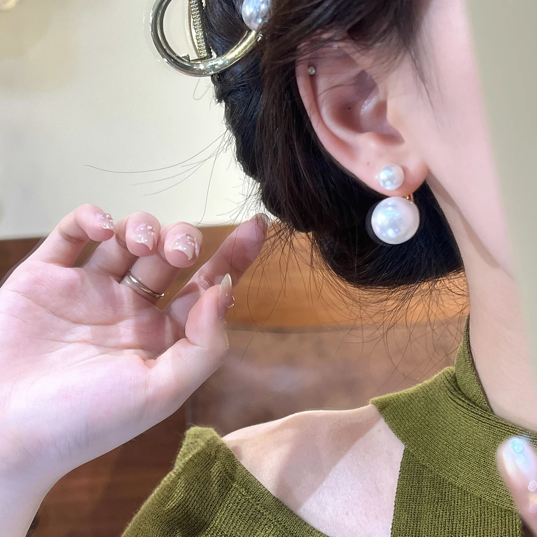 铜合金仿珍珠耳饰 法式轻奢珍珠耳钉高级感弯钩双珍珠两戴款耳环
