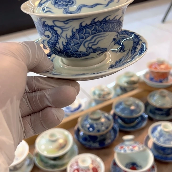 瓷片白青花铠甲龙元宝盖碗全品