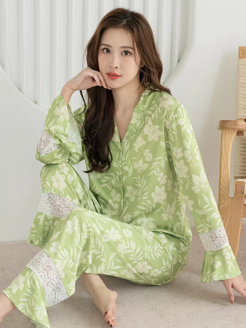 2025新款家居服女套装夏季长袖蕾丝薄款冰丝女士纯色甜美翻领睡衣