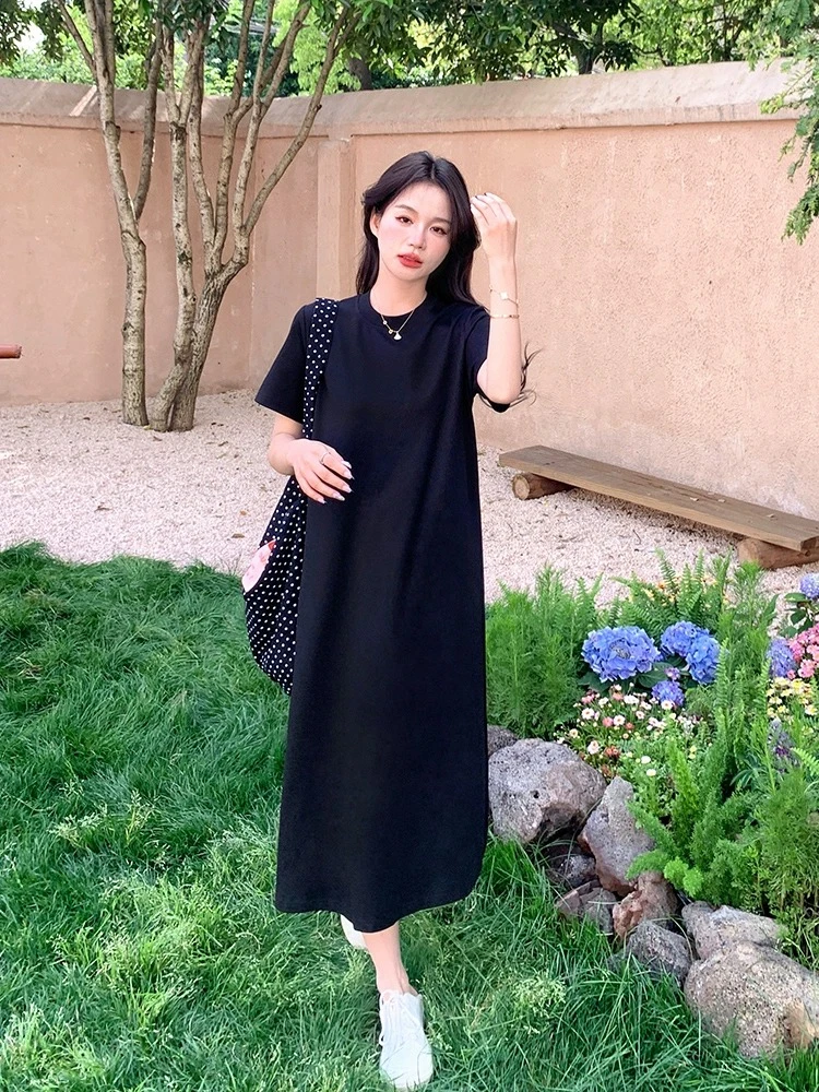 正肩黑色大码连衣裙女夏季宽松遮肉显瘦简约梨形身材显瘦休闲裙子