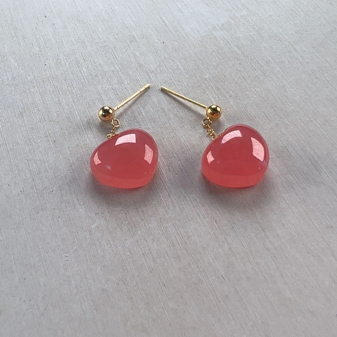 菱锰矿（红纹石）18K金镶嵌耳饰