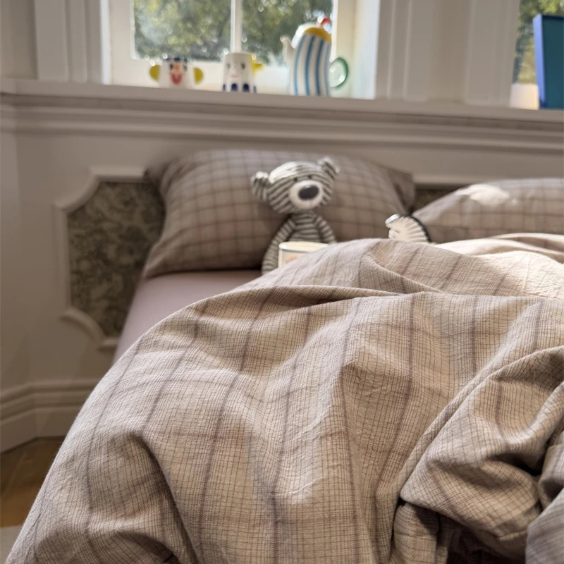 易安阁ins风水洗棉简约复古灰格床上四件套全棉1.5m1.8米三件套
