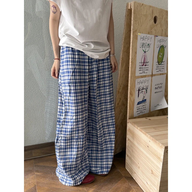 【茉舍】VIVEATIC  航海系蓝白格系带纸袋裤 VA250537-820大码