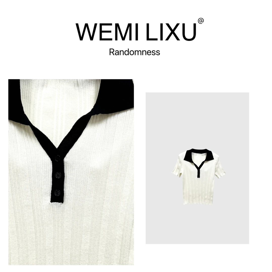 WEMI LIXU“青春颂”初夏时尚百搭拼色翻领女装修身短袖针织衫1057