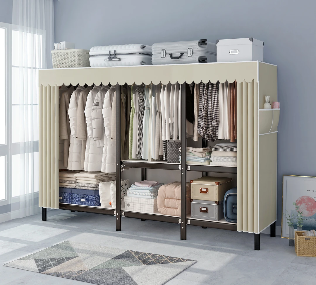 正品简易布衣柜免安装折叠加粗加厚钢管卧室家用出租房全钢架防尘