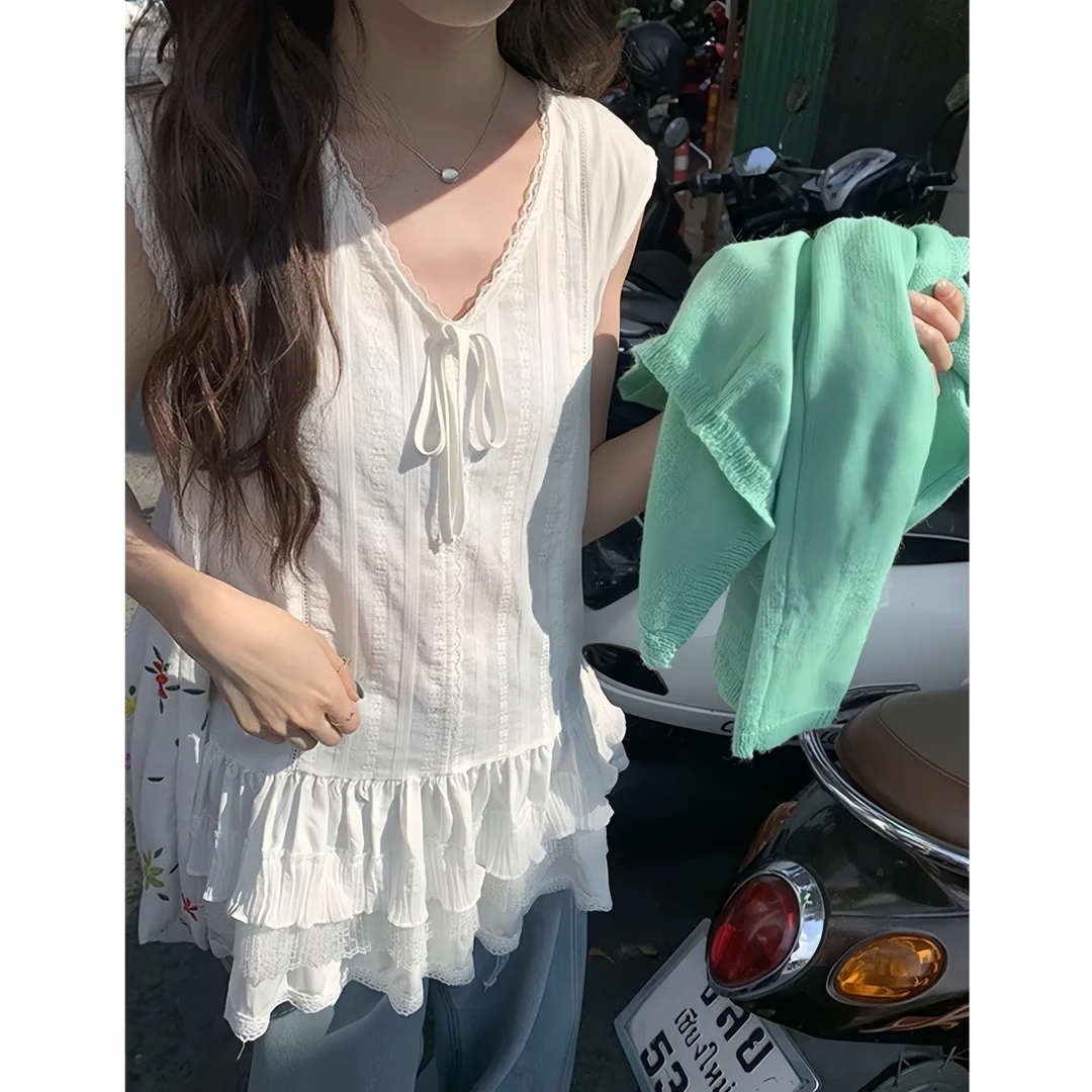 专属 蕾丝蛋糕下摆无袖背心裙女2025新品夏叠穿吊带V领上衣女8312