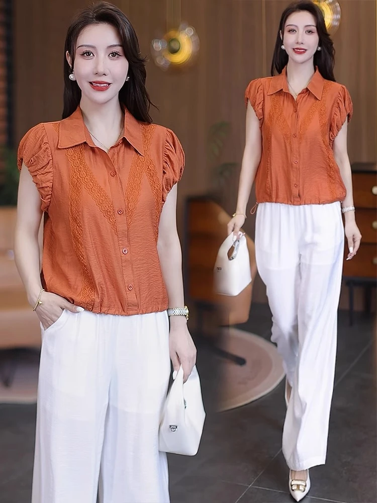 时尚套装女2025夏季新款洋气显瘦翻领拼接百搭上衣阔腿裤两件套