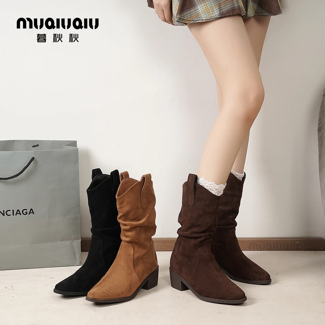 暮秋秋2025秋冬粗跟短靴套筒褶皱堆堆靴中筒骑士靴子韩版牛仔靴女