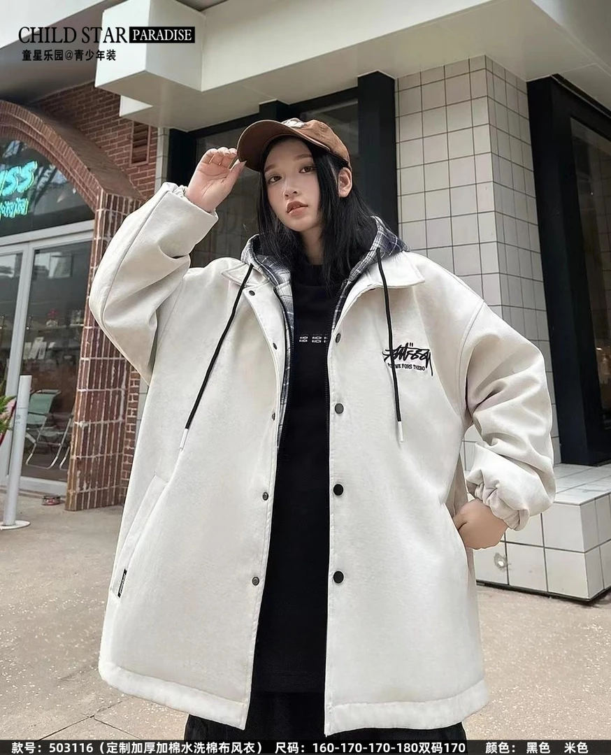 定制加厚加棉水洗棉风衣假两件秋冬季扎染夹克ins情侣连帽