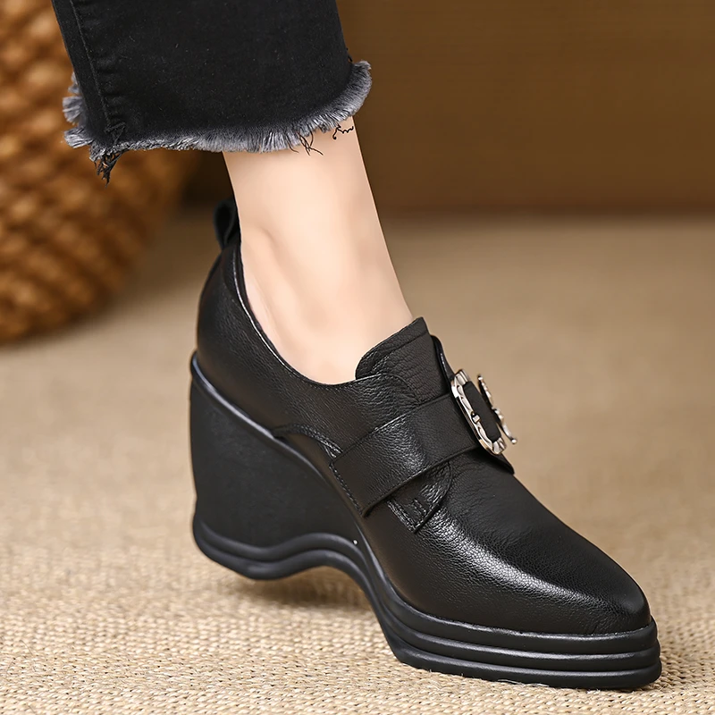 玥小姐女鞋9cm厚底羊皮深口单百搭增高坡跟小皮鞋气质尖头高跟鞋