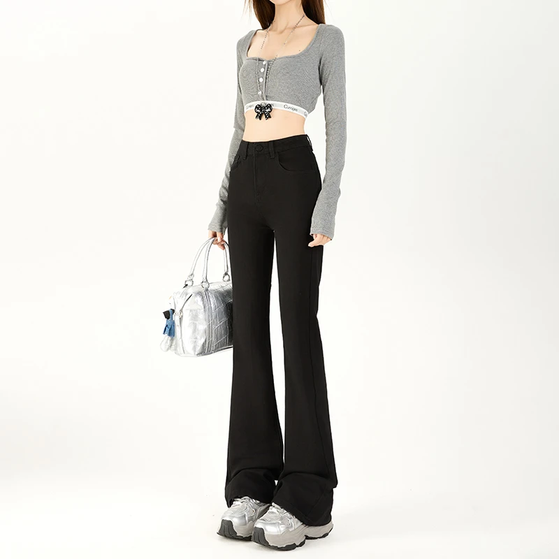 黑色微喇牛仔裤女2025新款春秋季紧身显瘦弹力修身百搭喇叭长裤子