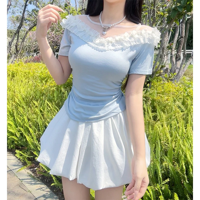 【上衣】纯欲风性感辣妹正肩t恤女短袖夏小个子设计感修身短款上衣
