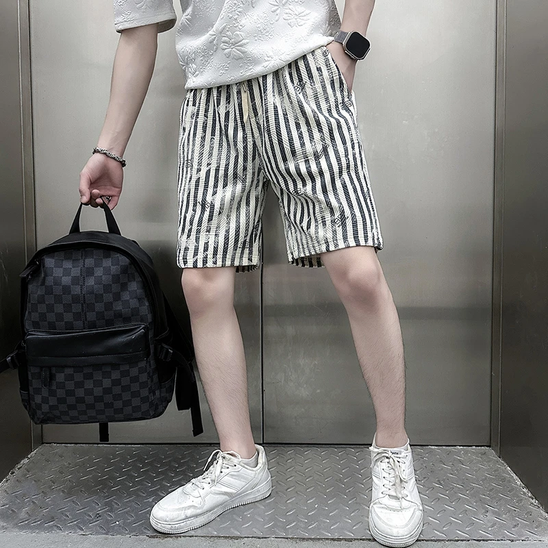 高级感条纹短裤男士夏季薄款五分裤2025新款时尚休闲痞帅沙滩裤男