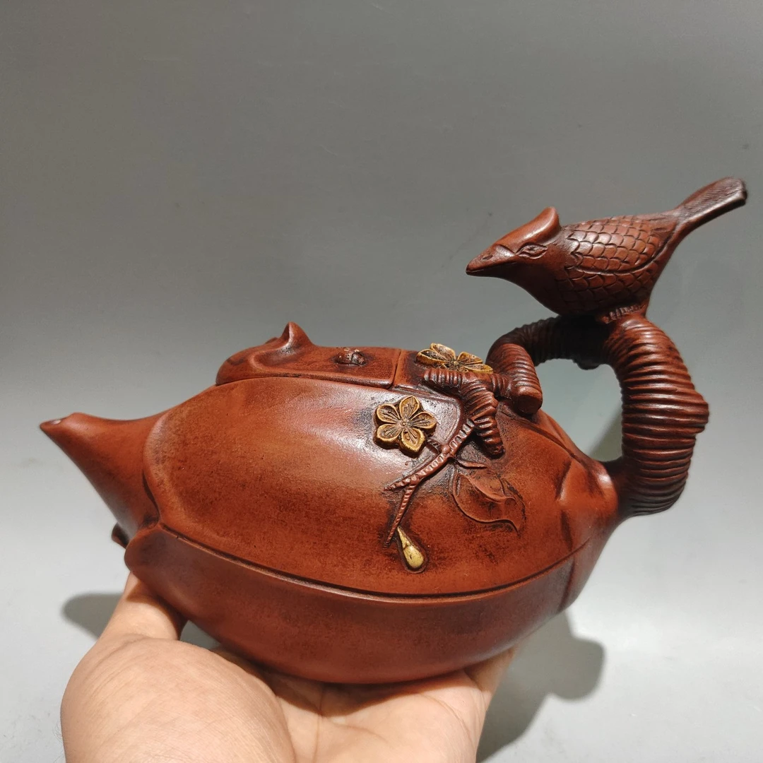 喜上眉梢紫砂壶全手复古怀旧收藏佳品原矿红泥450cc