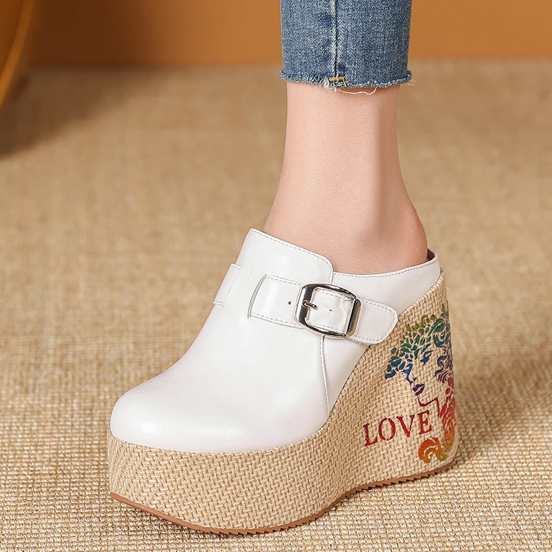 包头半拖勃肯鞋真皮厚底11cm坡跟凉拖女夏外穿松糕底高跟鞋不累脚